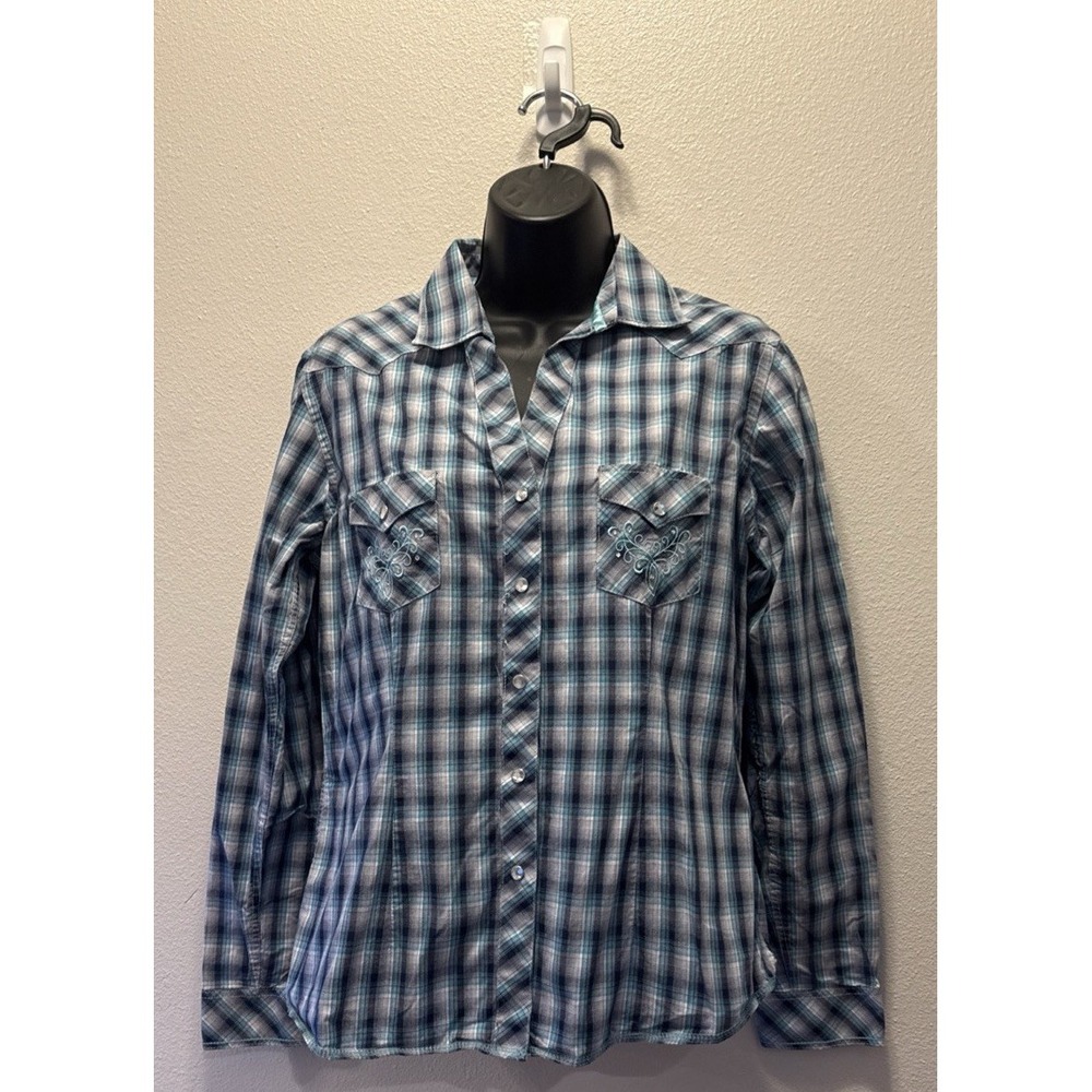Panhandle Rough Stock Western Shirt Womens Medium Gray/Blue Plaid‎ Pearl Snap